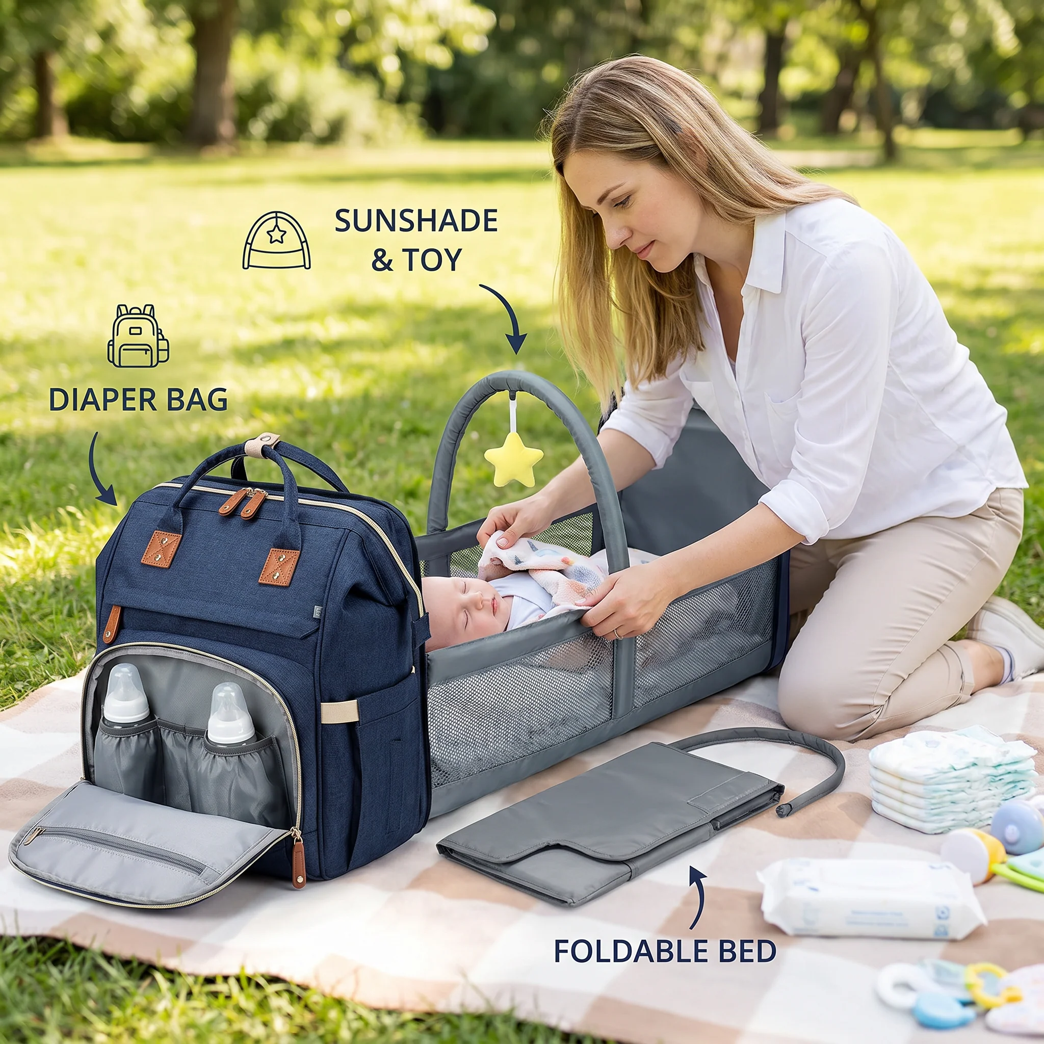 3-in-1 Travel Diaper Backpack with Foldable Baby Bed – Perfect for On-the-Go Parents - Image 3