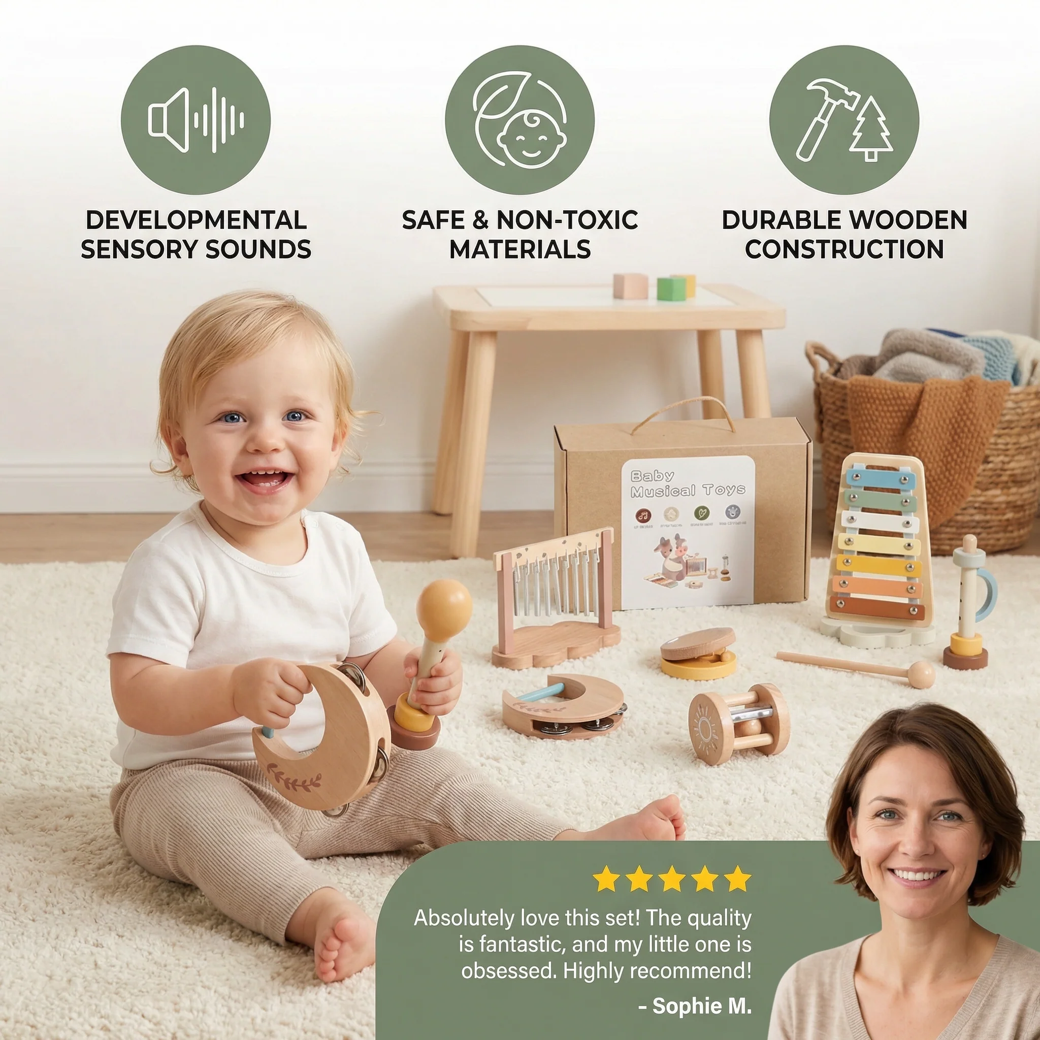 6-Piece Wooden Baby Musical Instrument Set – Sensory Sound & Music Toy - Image 3
