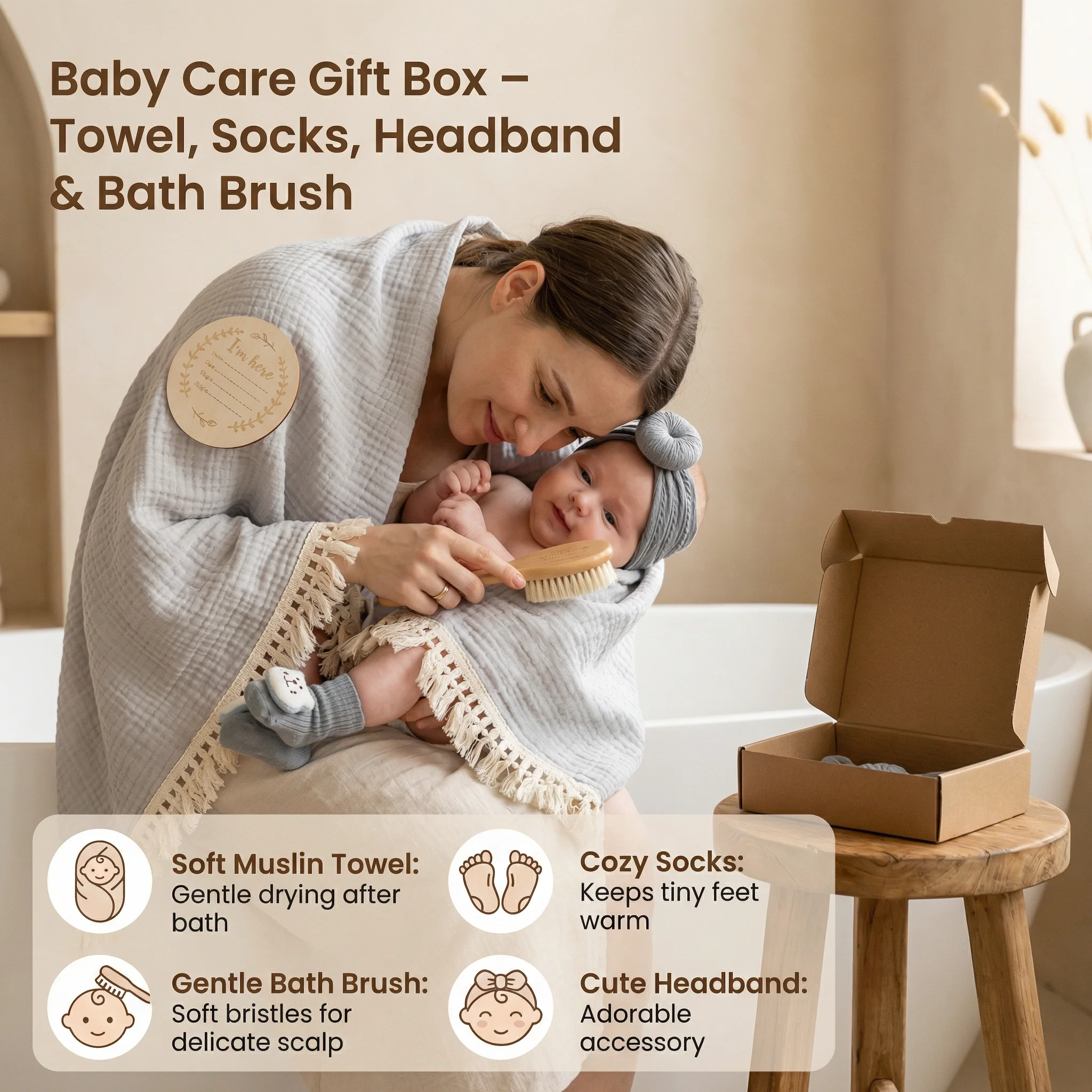 Baby Care Gift Box – Towel, Socks or Headband & Bath Brush for Newborns - Image 3