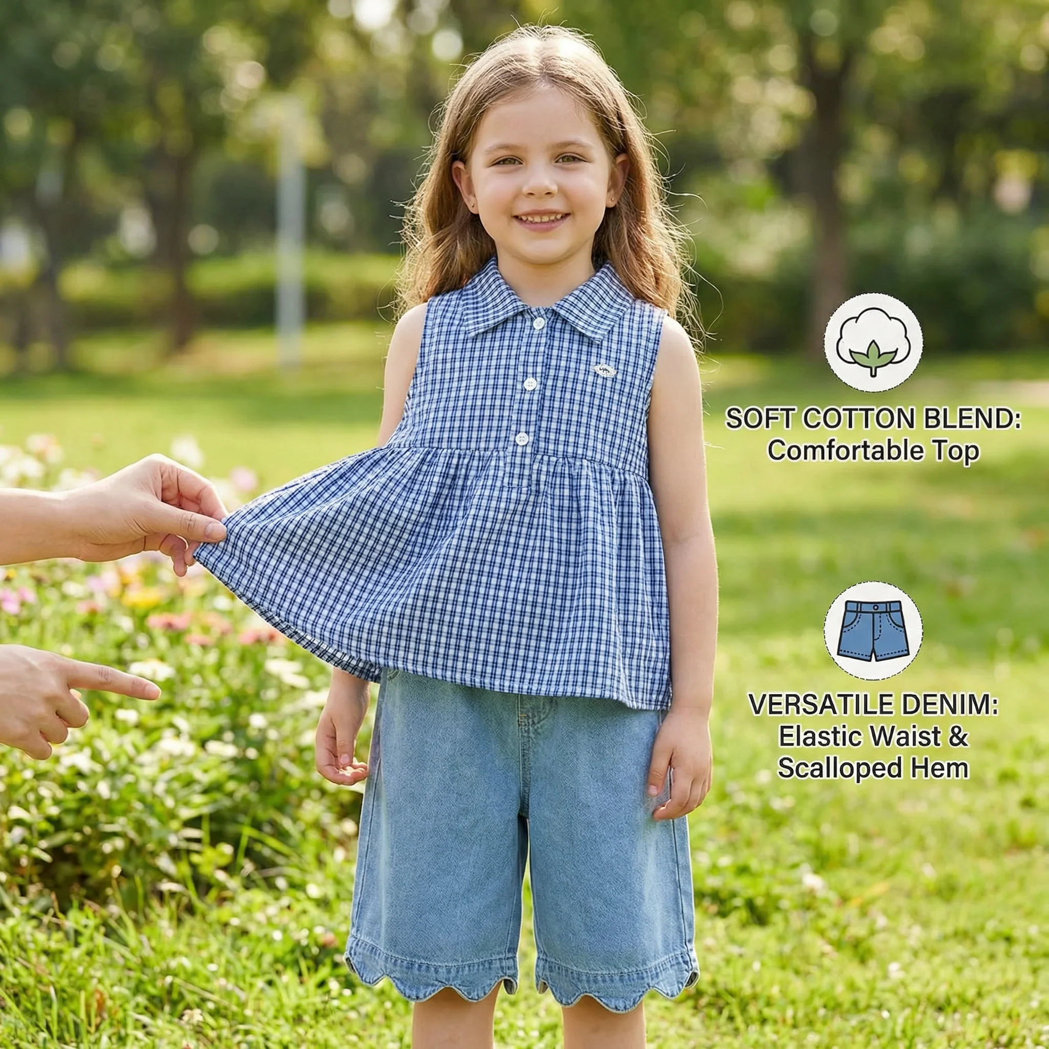 Girls’ Spring & Summer 2-Piece Outfit – Plaid Cotton Blend Top & Versatile Denim Pants Set - Image 3