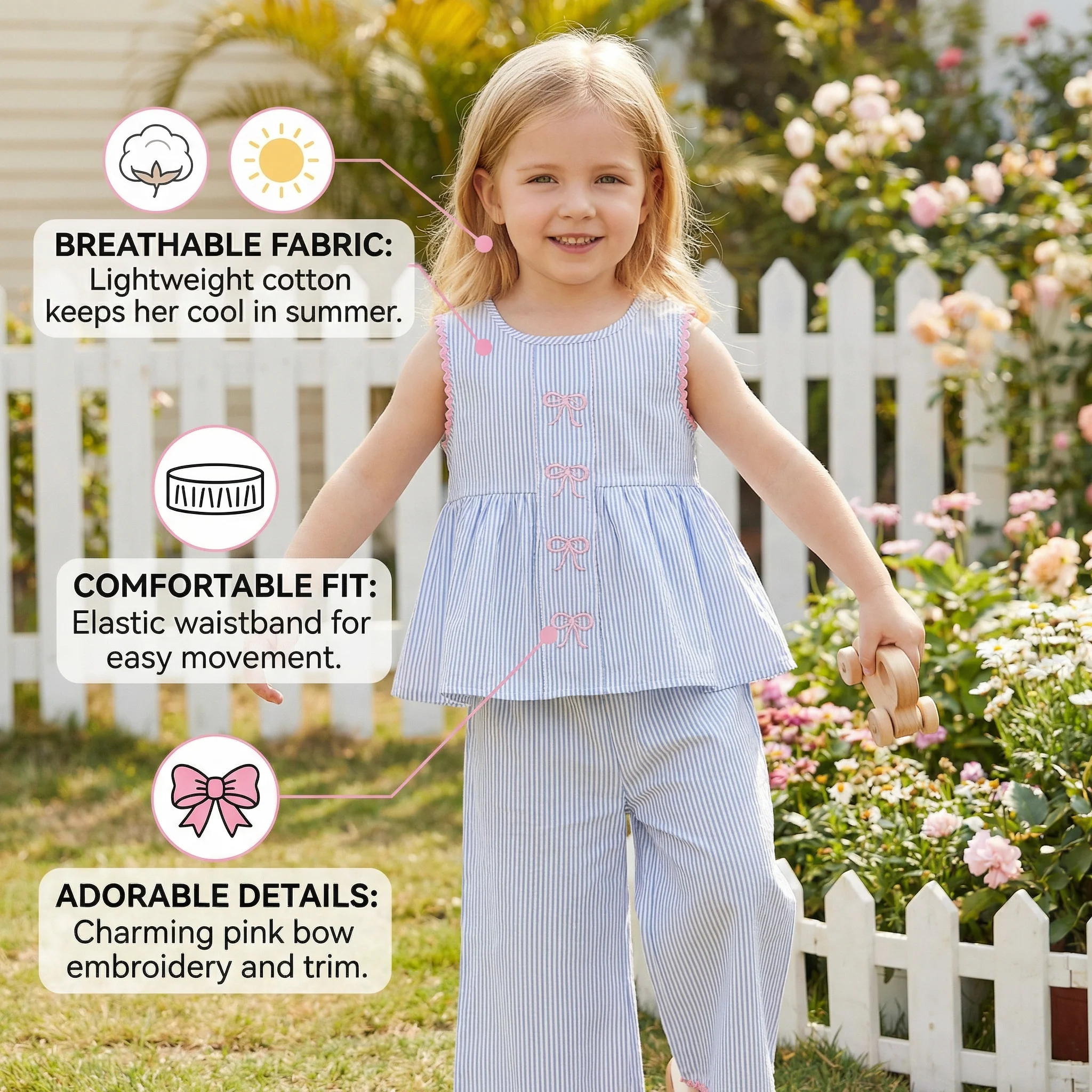 Girls’ Summer 2-Piece Outfit – Striped Set with Bow Embroidery - Image 3