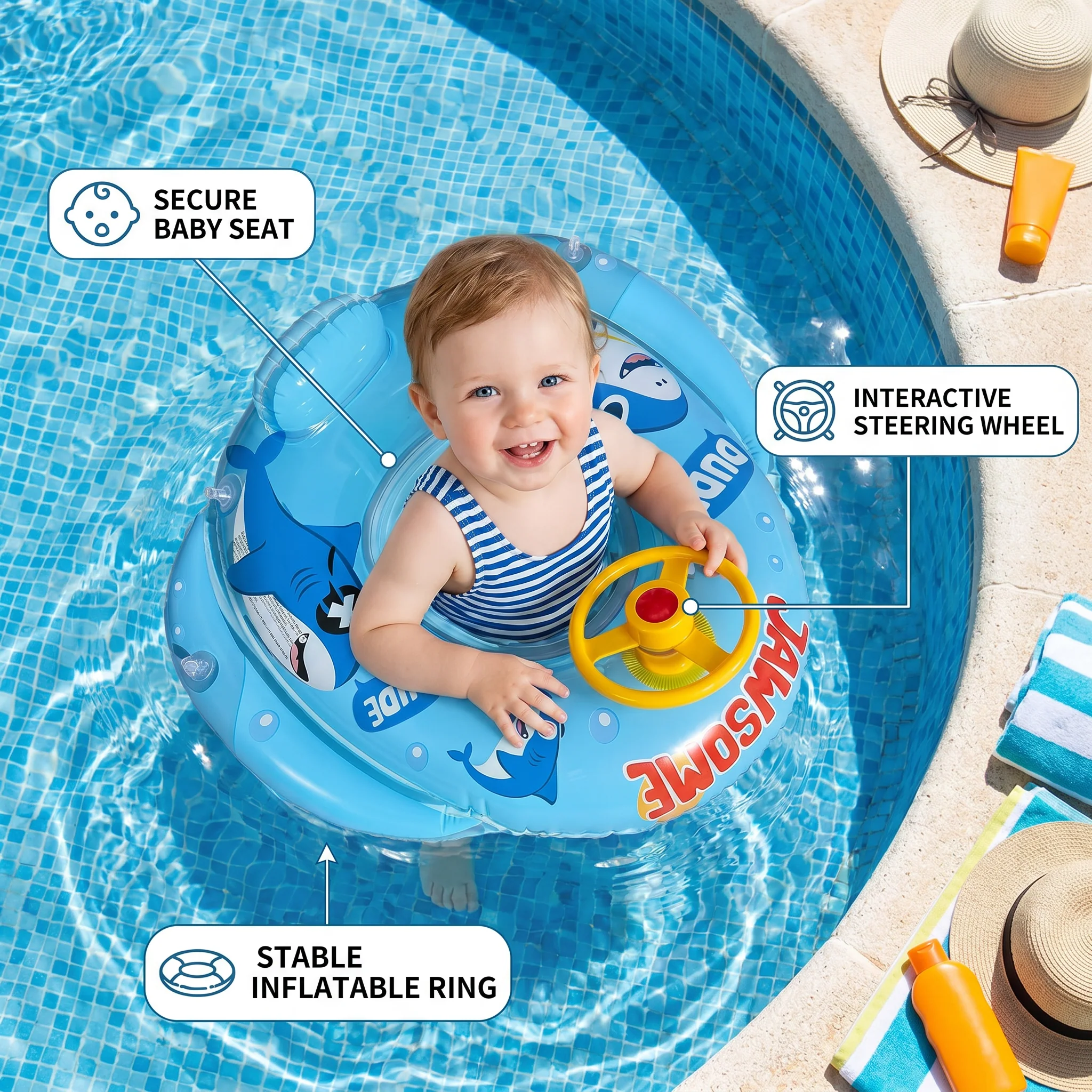 Inflatable baby swim ring with seat and steering wheel in a shark design - Image 3