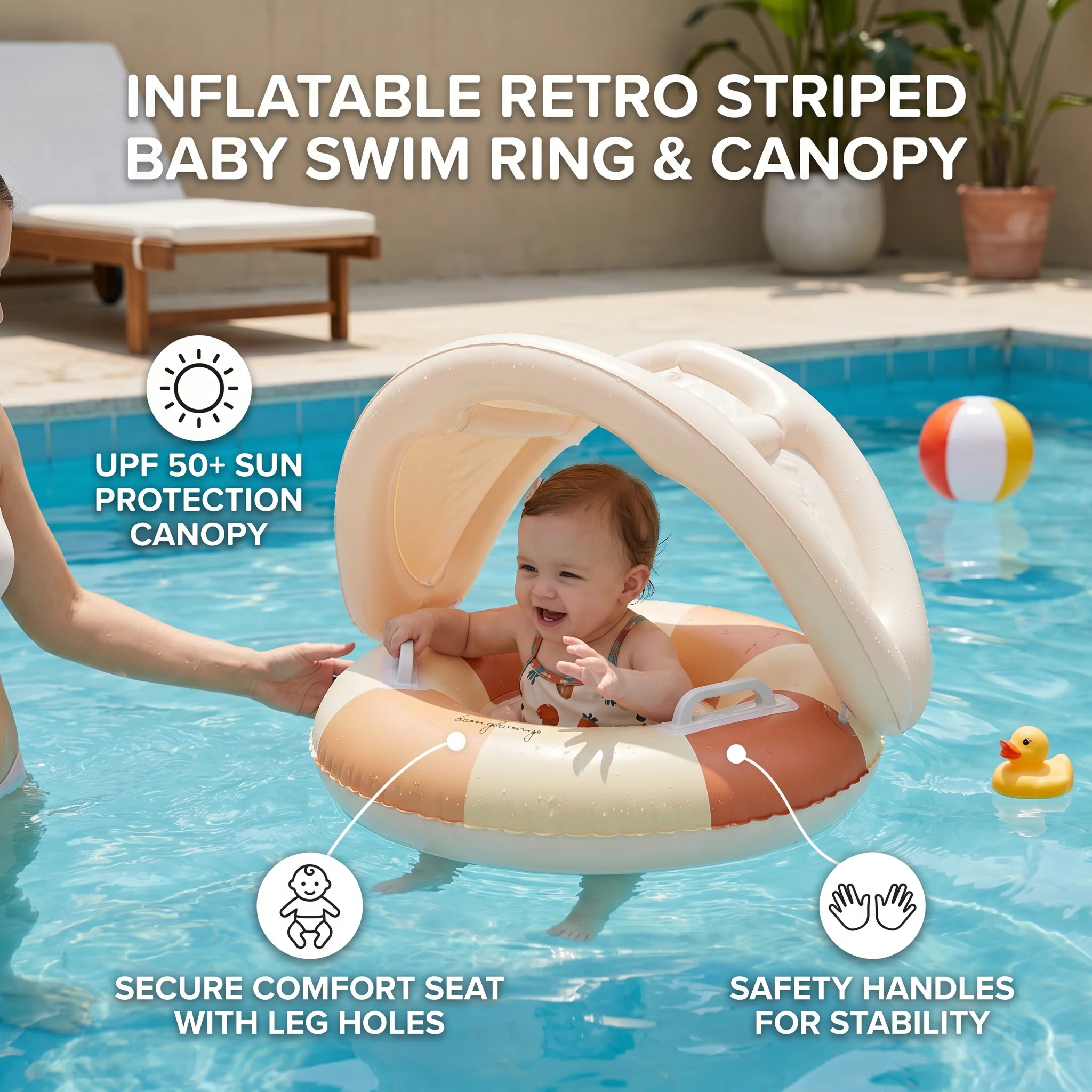Inflatable Retro Striped Baby Swim Ring with Removable Sun Canopy – Secure Seat for 6–36 Months - Image 3