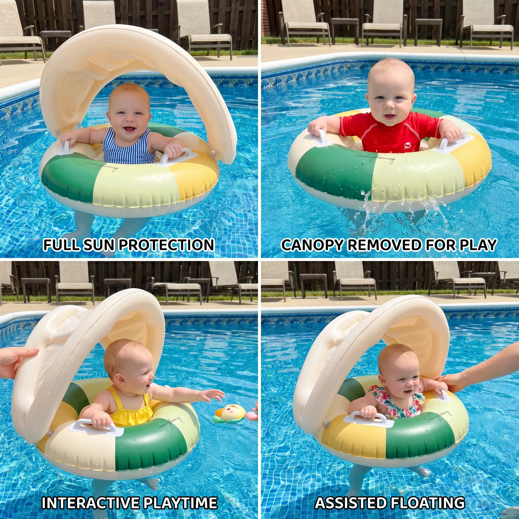Inflatable Retro Striped Baby Swim Ring with Removable Sun Canopy – Secure Seat for 6–36 Months - Image 4
