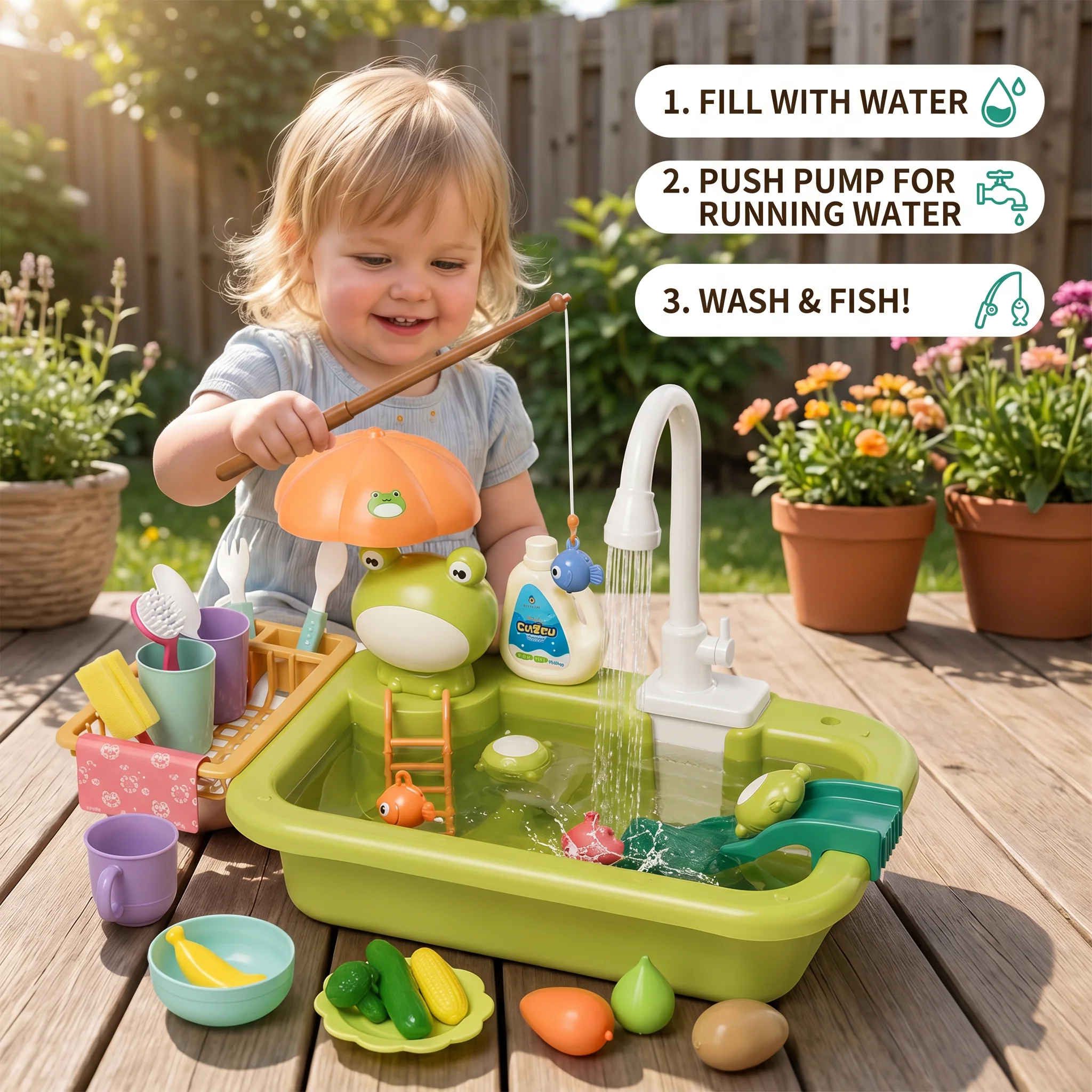 Kids Play Kitchen Sink Set with Running Water & Fishing Game - Image 3