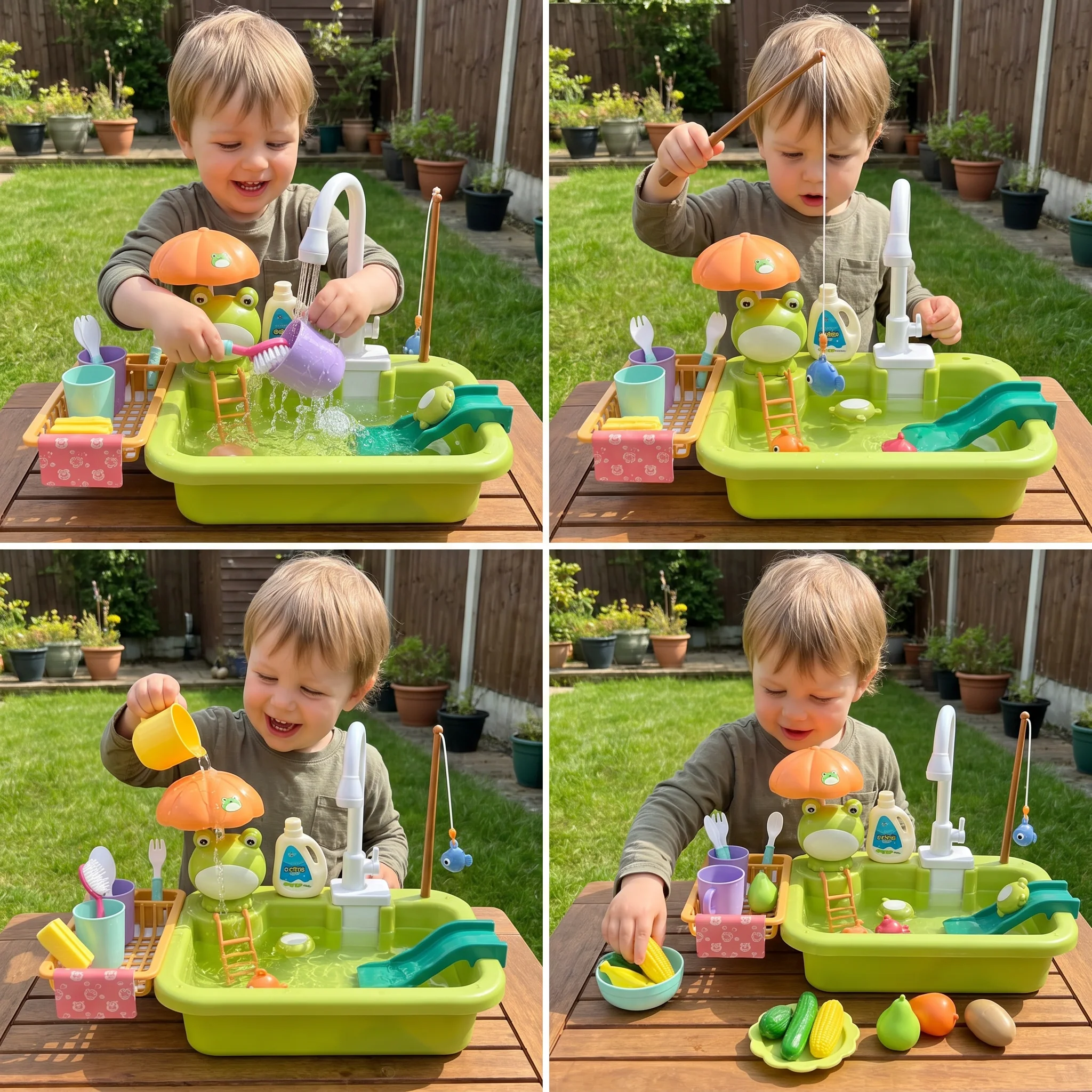 Kids Play Kitchen Sink Set with Running Water & Fishing Game - Image 4