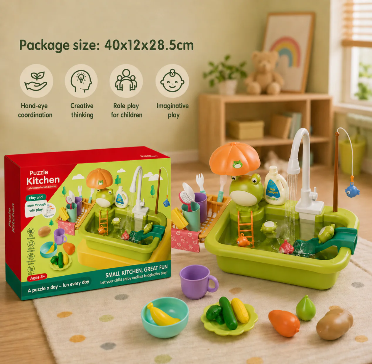 Kids Play Kitchen Sink Set with Running Water & Fishing Game - Image 5