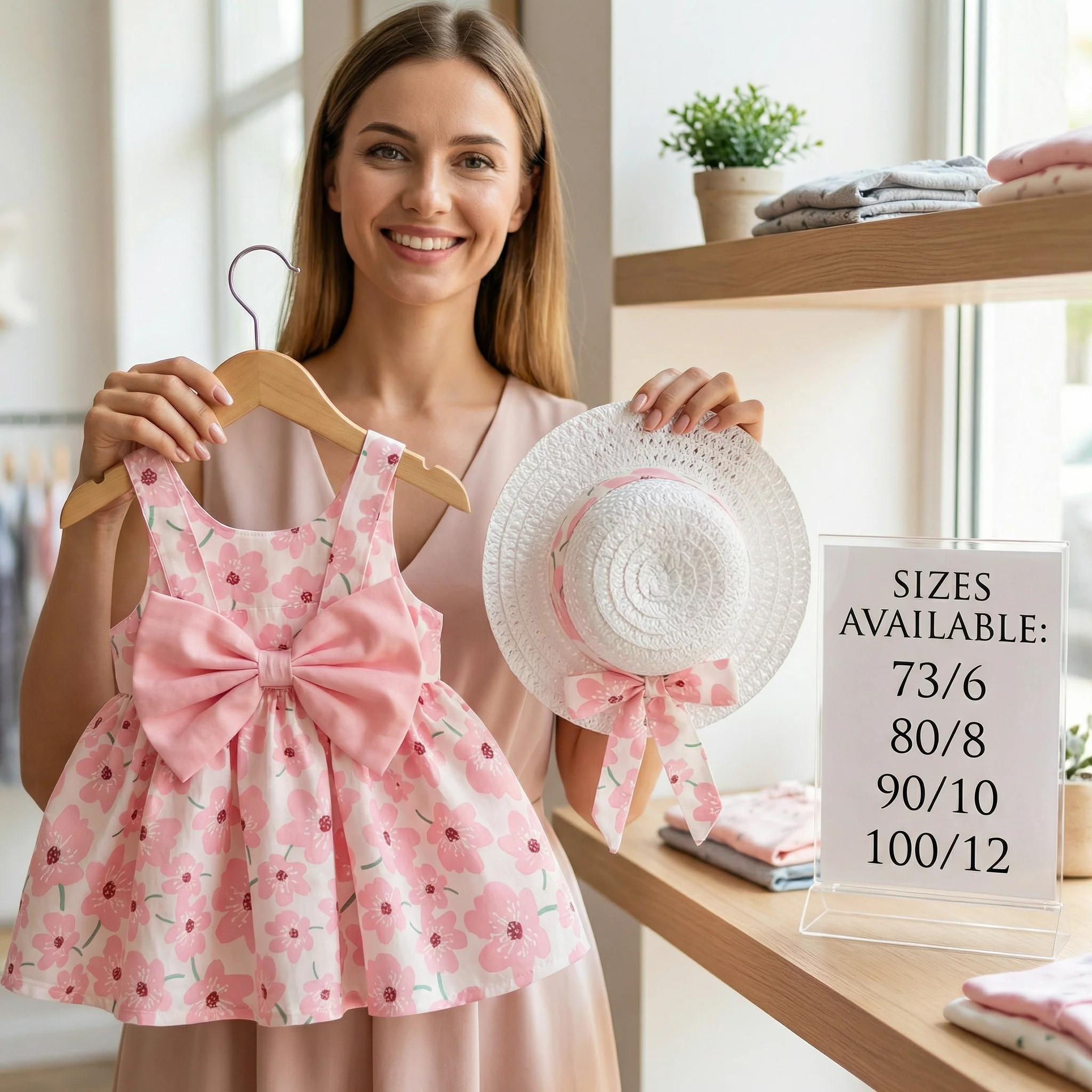 Korean Style 2-Piece Girls Dress Set – Floral Bow Strap Dress with Matching Hat - Image 5