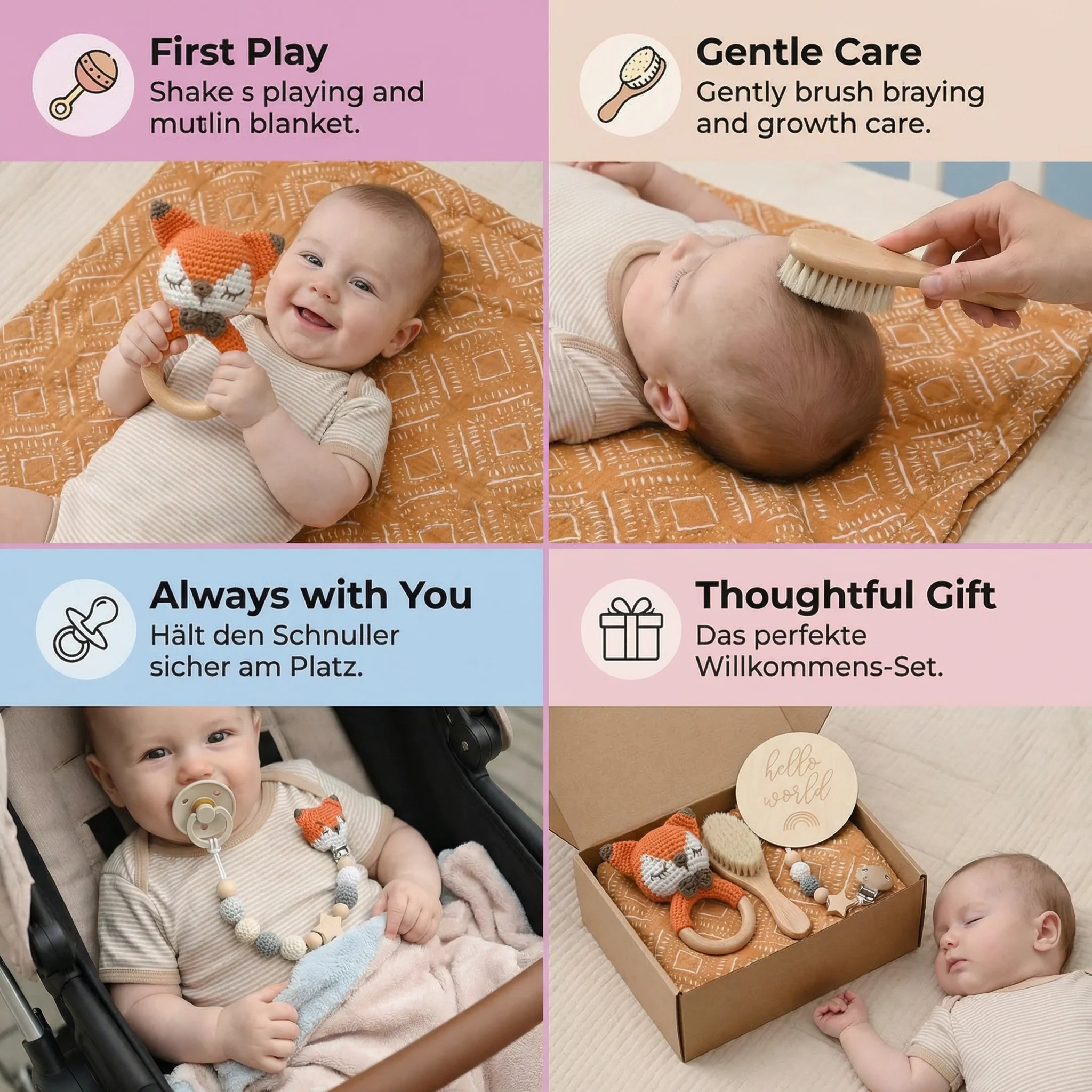 Newborn Gift Box – Crochet Animal Rattle, Wooden Toy, Muslin Blanket & Pacifier Clip - Image 4
