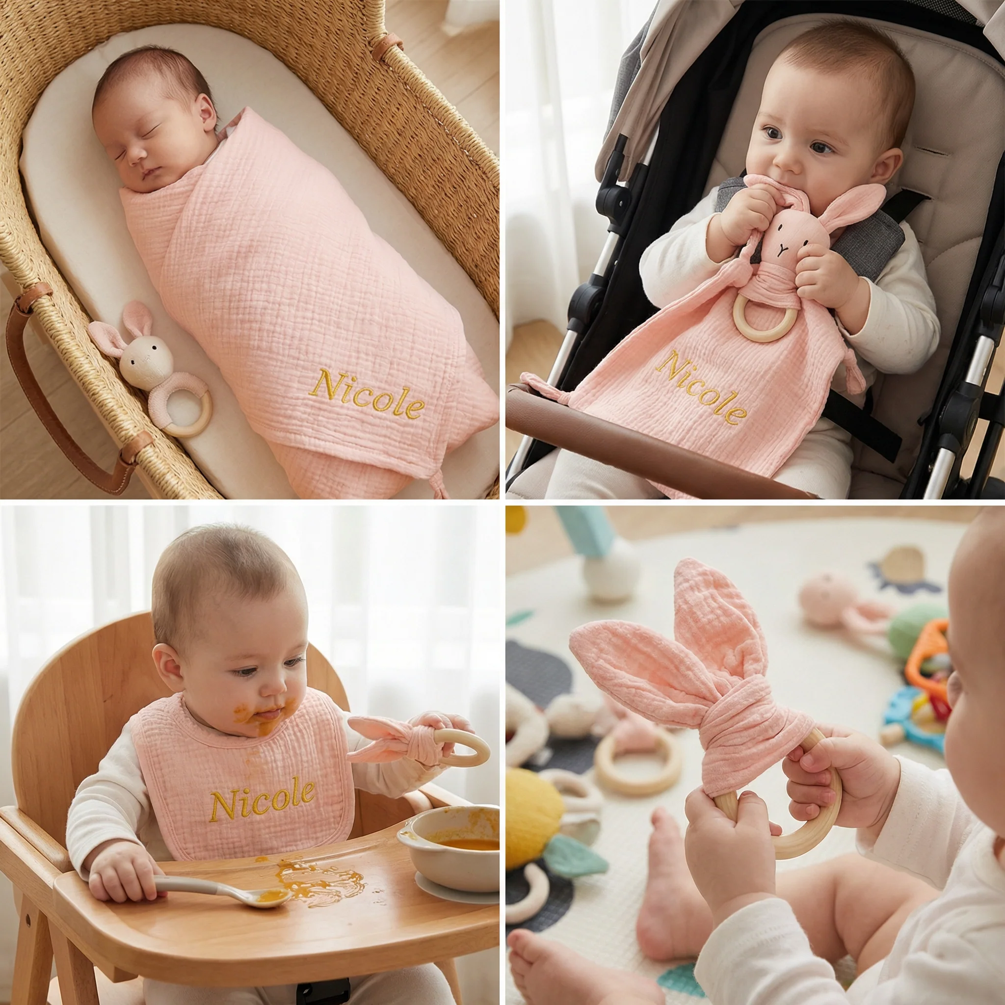 Personalised 4-Piece Newborn Gift Set – Muslin, Bunny Comforter, Teether & Bib (100% Cotton) - Image 3