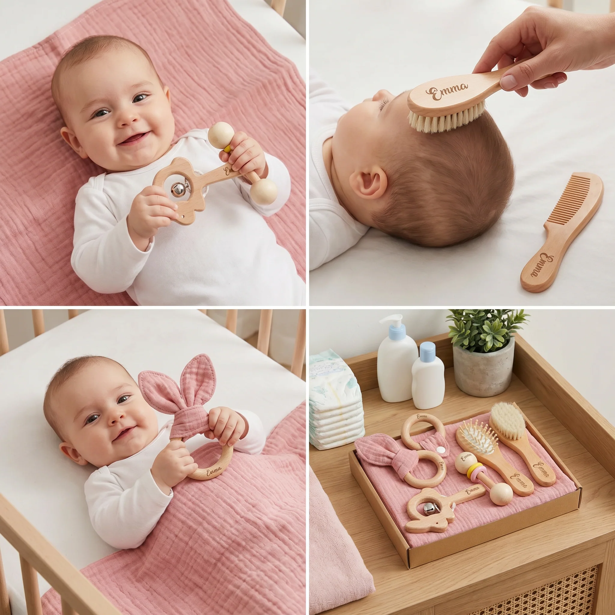 Personalized 6-Piece Baby Gift Set in Wood & Muslin – Teethers, Rattles, Hairbrush & Comfort Blanket with Name Engraving - Image 4