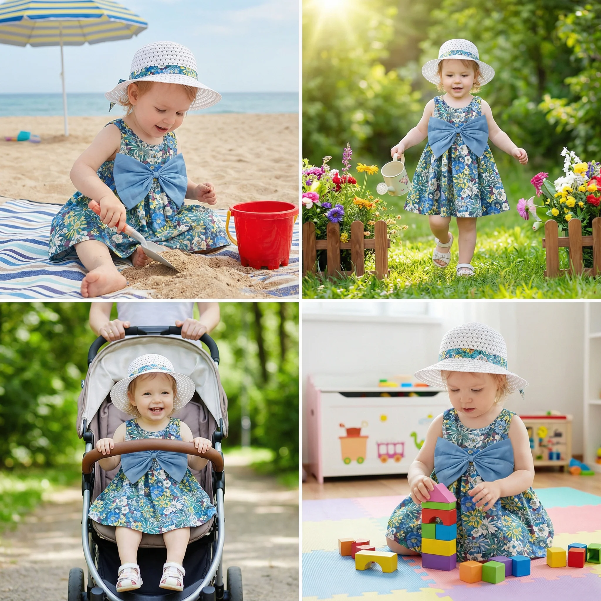 Summer 2-in-1 Girls Dress Set – Sleeveless Cotton Dress with Bow & Floral Sun Hat - Image 4