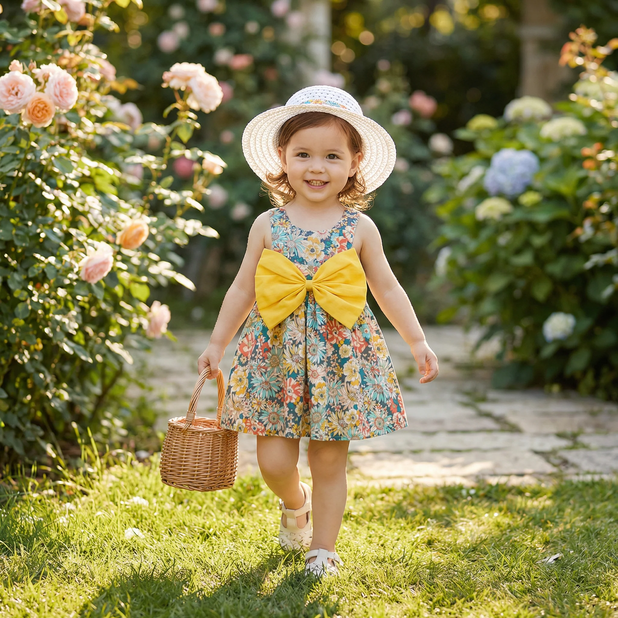 Summer 2-in-1 Girls Dress Set – Sleeveless Cotton Dress with Bow & Floral Sun Hat - Image 6
