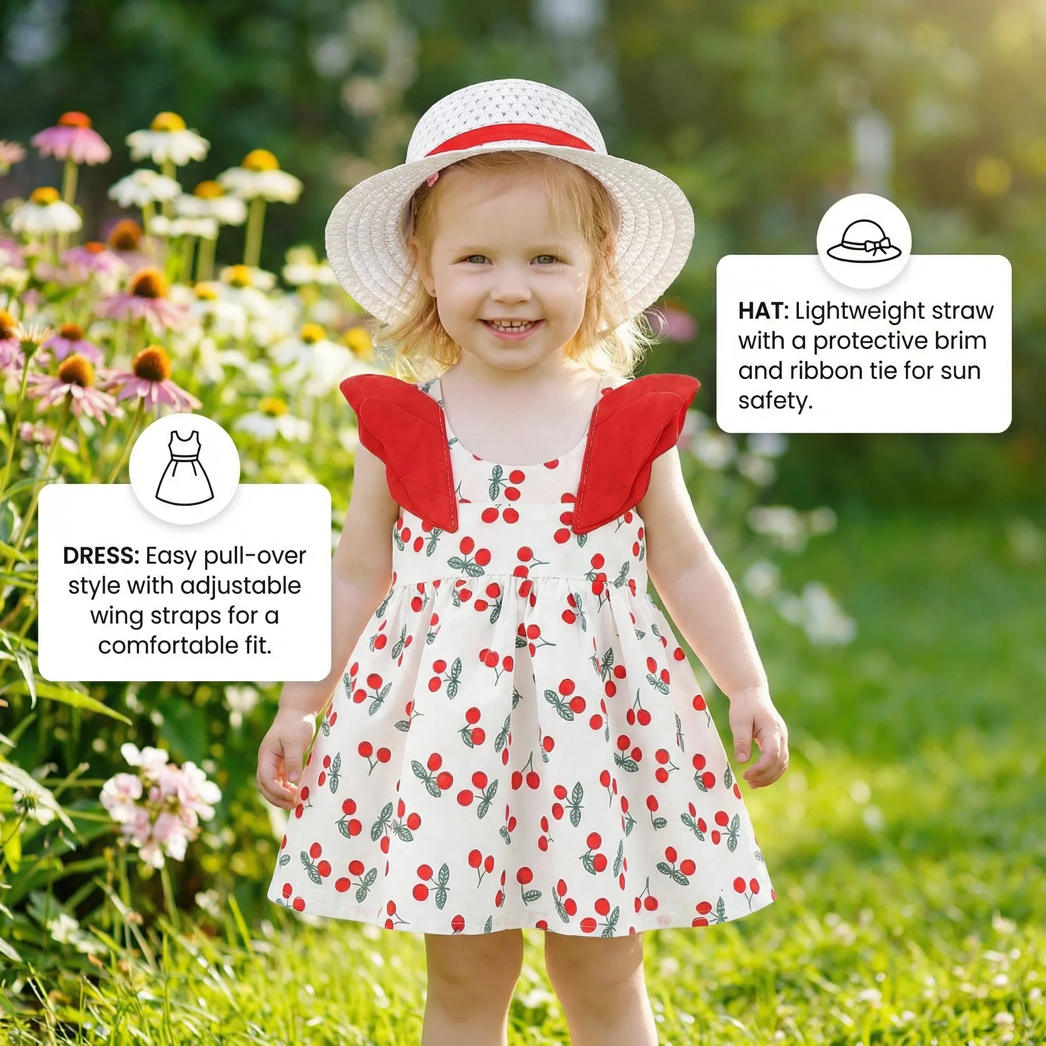 Summer 2-Piece Girls Dress Set – Cherry Print Korean Style Dress with Straw Hat - Image 3