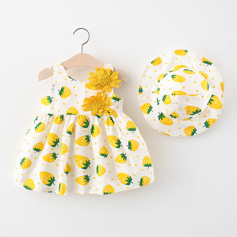 Summer 2-Piece Girls Dress Set – Sleeveless Strawberry Print Dress with Matching Hat - Image 6