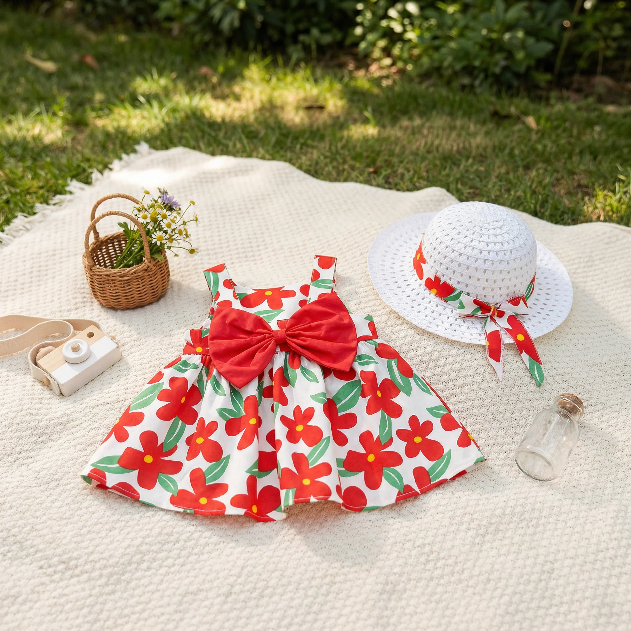 Summer Strap Dress Set for Babies & Toddlers – Sleeveless Bow Dress with Matching Hat - Image 6