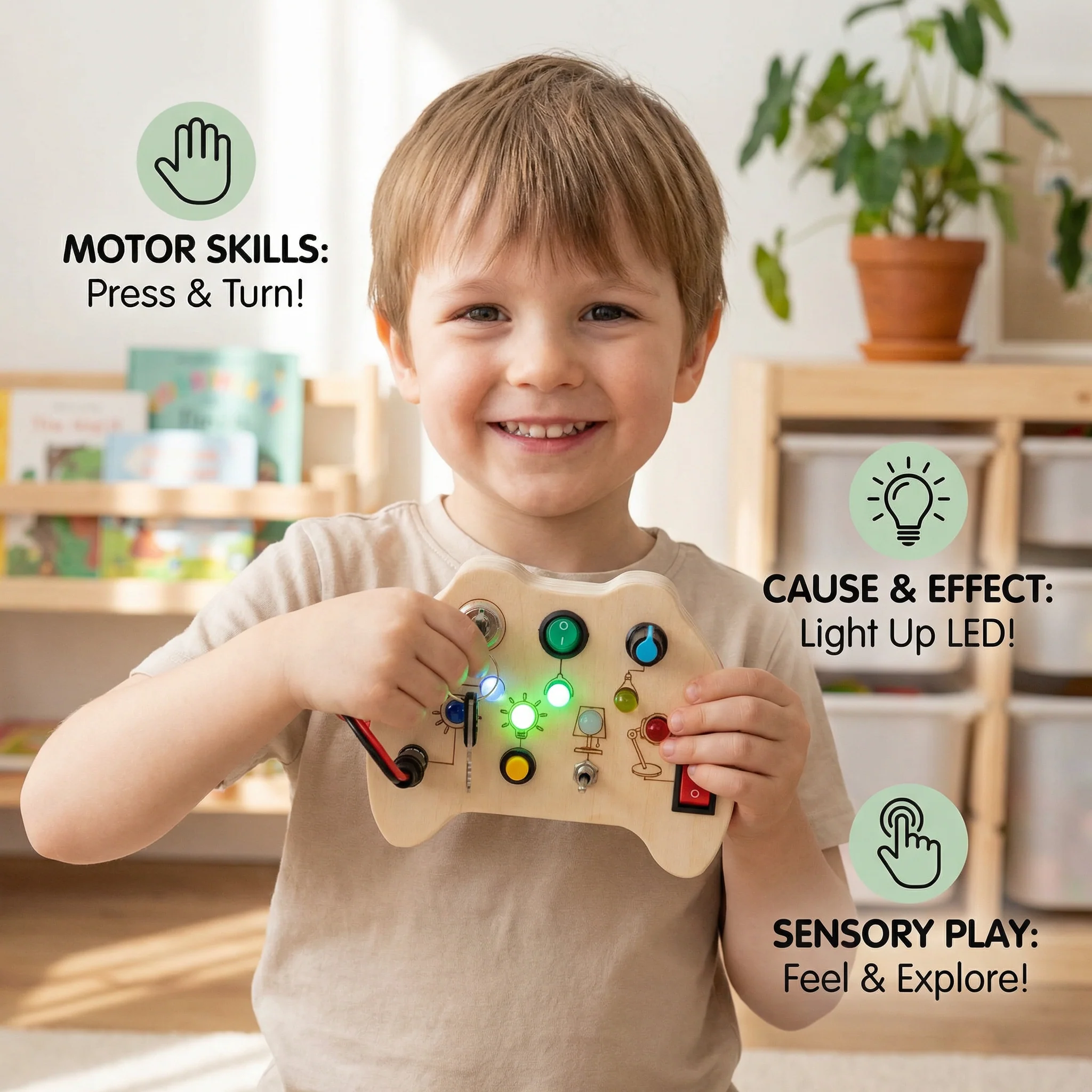 Wooden LED Busy Board Controller – Montessori Sensory Learning Toy for Motor Skills - Image 3