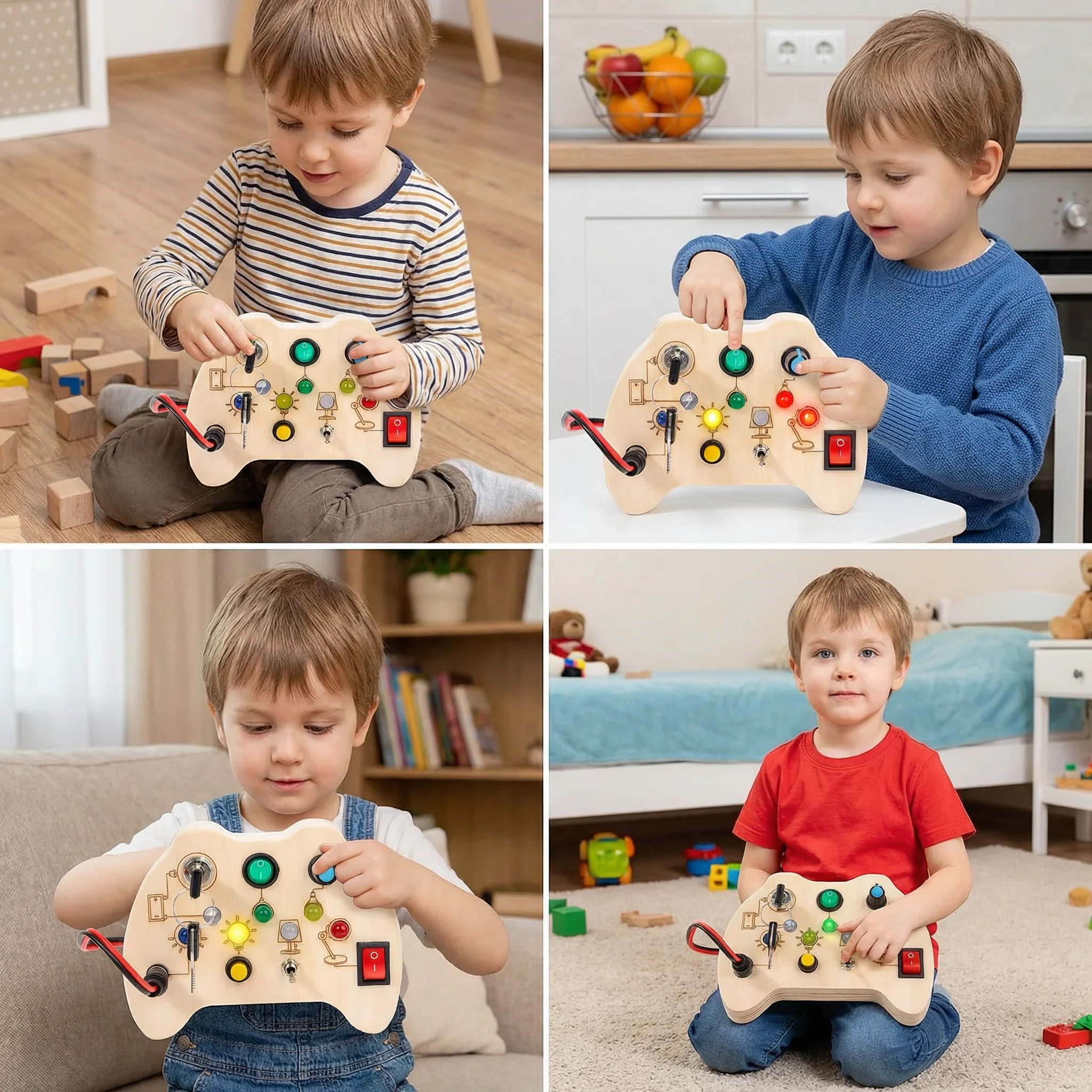 Wooden LED Busy Board Controller – Montessori Sensory Learning Toy for Motor Skills - Image 4
